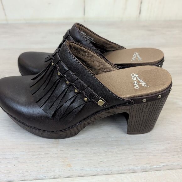 Dansko Shoes Women Size 39 Deni Fringe Slip On Clogs Heel Mule Leather Brown - Picture 3 of 9